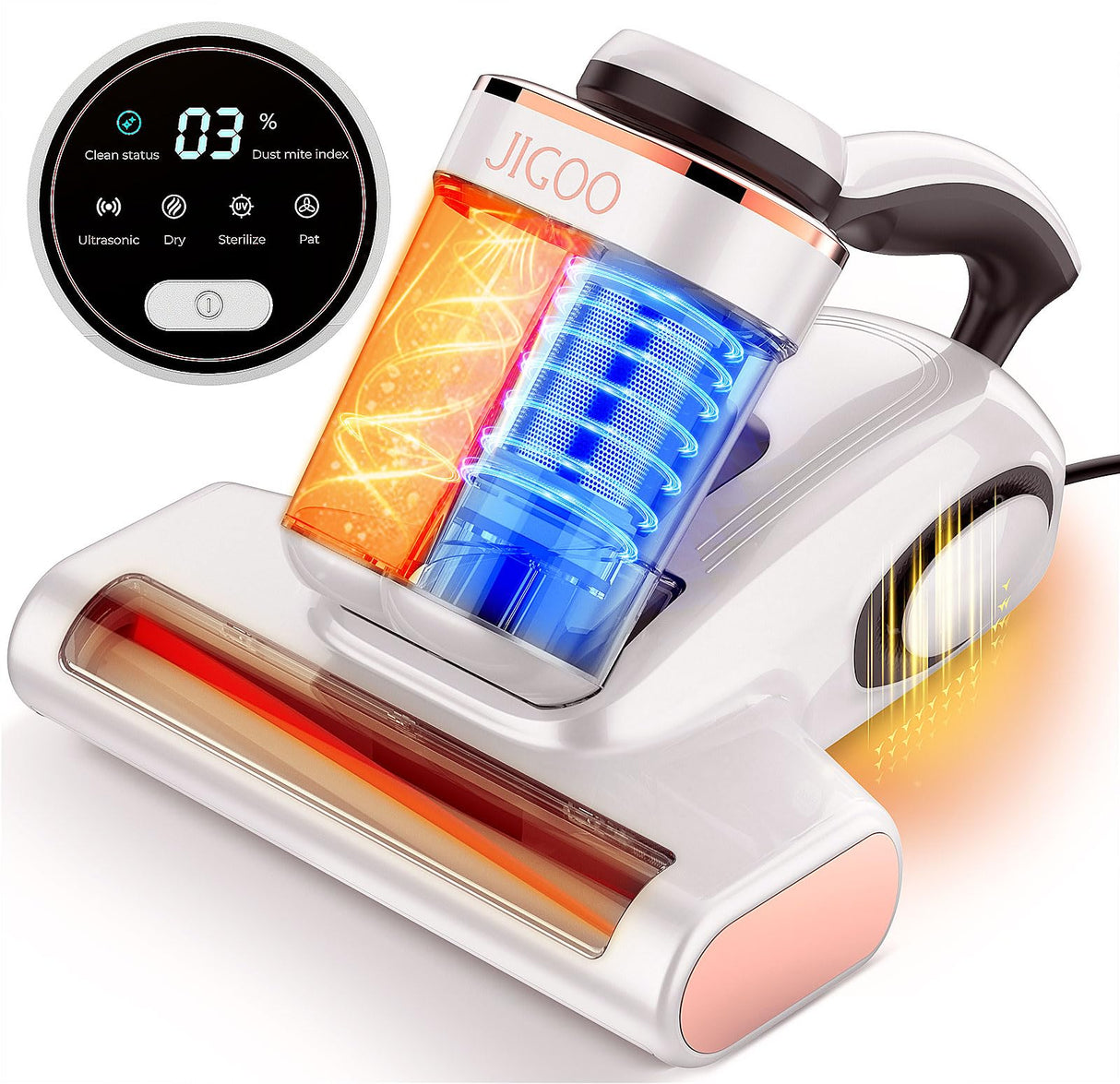 JIGOO Bed Vacuum Cleaner with Dust Sensor, Mattress Vacuum Cleaner with UV & Ultrasonic and High Heating, 13Kpa Suction 500W Powerful Double-Cup Handheld Vacuums (J300, Corded) JIGOO
