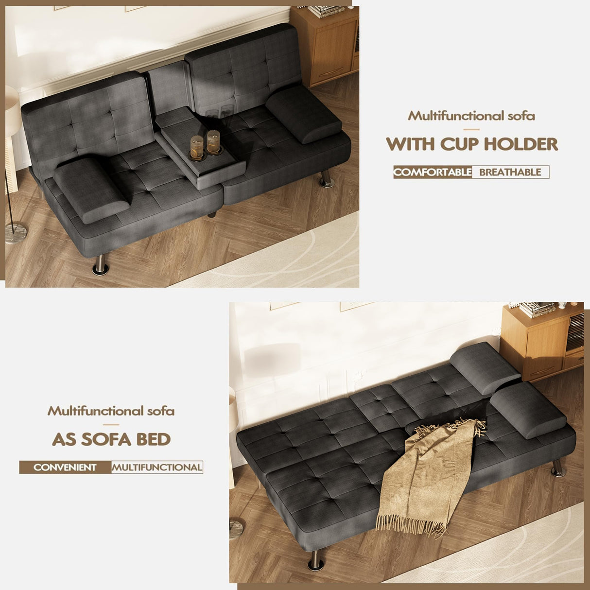 Homall Futon Sofa Bed, Futon Couch with Removable Armrests, Adjustable Recliner Sleeper Sofa Bed with Dual Cup Holders for Living Room, Apartment, Office (Fabric, Black) Homall