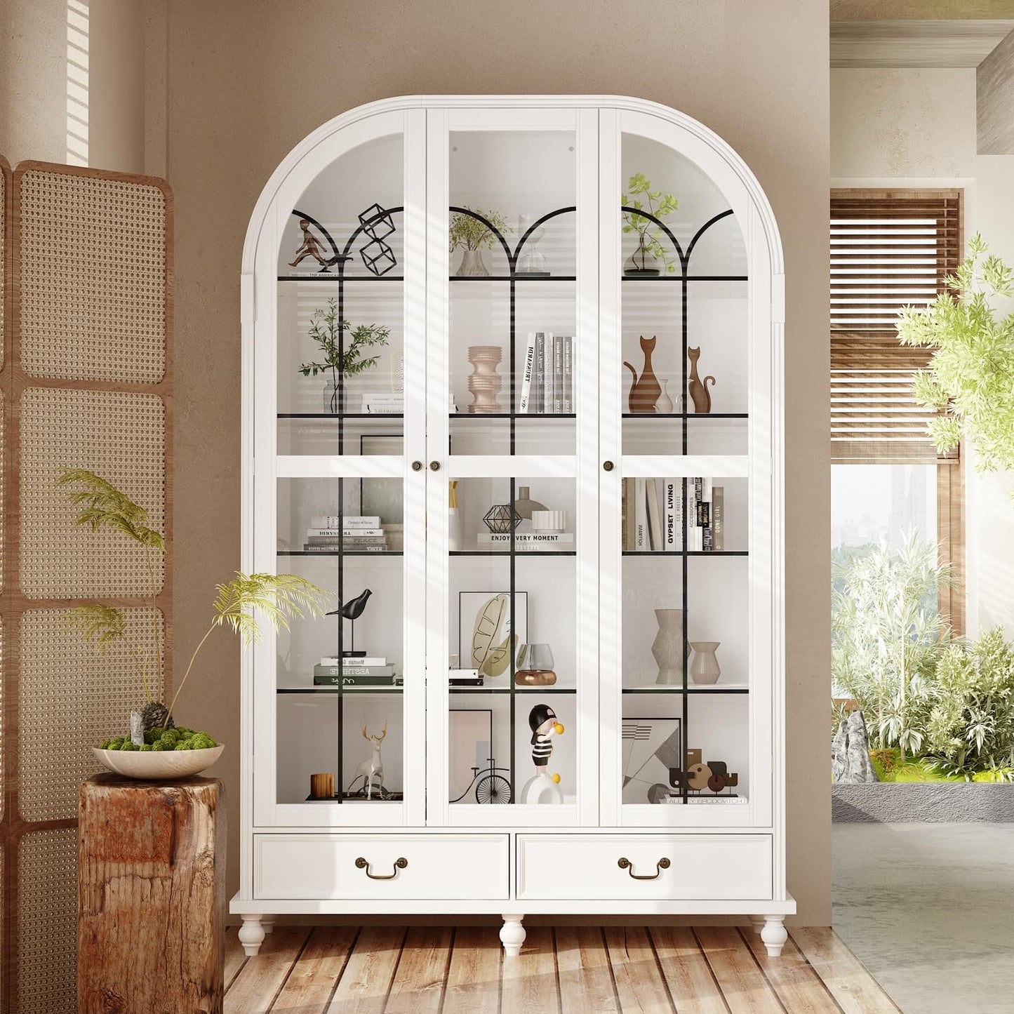 TAMUNE Display Cabinet with Glass Doors, Curio Cabinet with Drawers and Shelves, Bookshelf Display Case, White Glass Storage Cabinet for Collectibles, Living Room Kitchen, 15.7”D x 50.4”W x 77.2”H