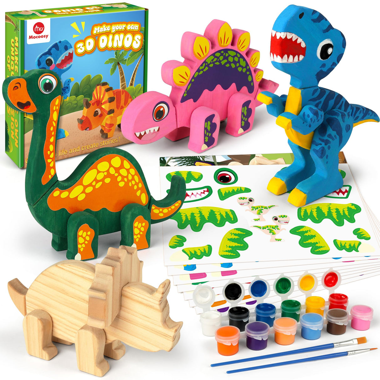 Mocoosy Wooden Dinosaur Painting Art Craft Kit for Kids 3-5, Build & Decorate Your Own Dino Crafts with Paint and Stickers, Wood Dinosaur T-Rex STEM Game Montessoi Toys Educational Gift for Boys Girls Mocoosy