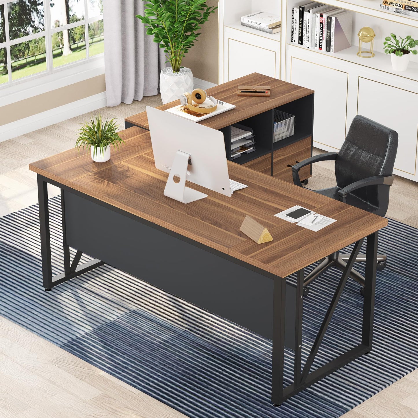 Tribesigns 63 inches Executive Desk and 47" lateral File Cabinet, L-Shaped Computer Desk Home Office Business Furniture with Drawers and Storage Shelves, Office Table,Brown and Black - WoodArtSupply