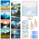 RoundFunny 8 Set Paint by Numbers Kit for Adults with 8x8 Inch Mini Simple Painting Canvas Wooden Frame Easel Acrylic Paints Brushes Funny Numbers Drawing Kit for Gift Home Wall Decor(Landscapes) RoundFunny