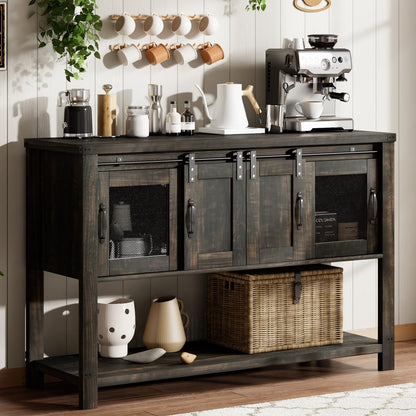 4ever2buy Buffet Cabinet with Storage, Farmhouse Coffee Bar Table with Sliding Barn Door, 47" Console Table with Metal Mesh Doors, Brown Coffee Bar Cabinet with Bottom Open Shelf, Living Room - WoodArtSupply