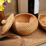 Round Rattan Basket Box with Lid Hand-Woven Wicker Basket Bin Multi-Purpose Wicker Tray 6.3Inch Picnic Food Bread Storage Basket (16x13cm) Lilacooqinn