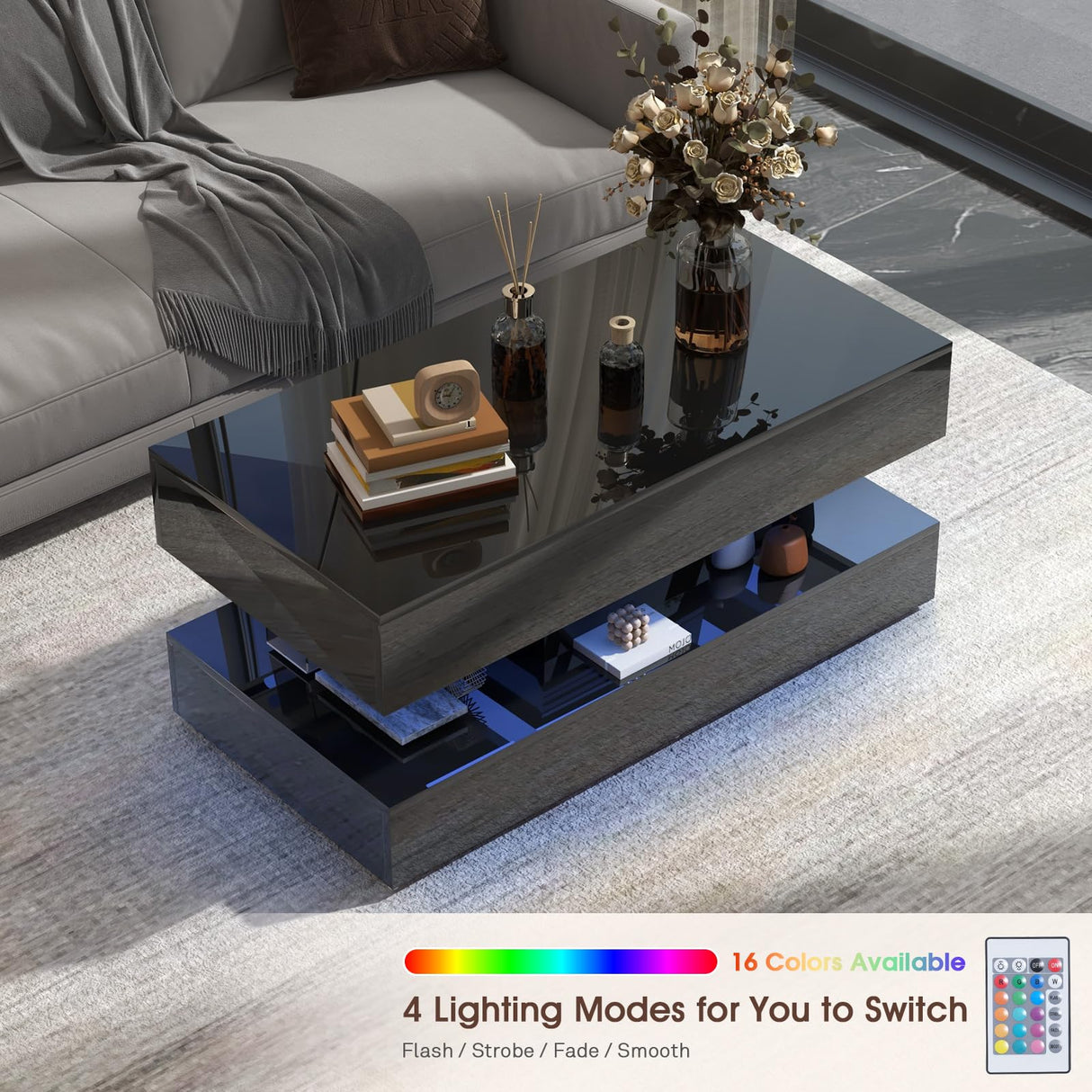 OC Orange-Casual LED Coffee Table with Storage, High Glossy Center Table with 2 Sliding Drawers, Modern Stylish Rectangle Coffee Table Double Layer with Open Display Shelf for Living Room (Black) OC Orange-Casual