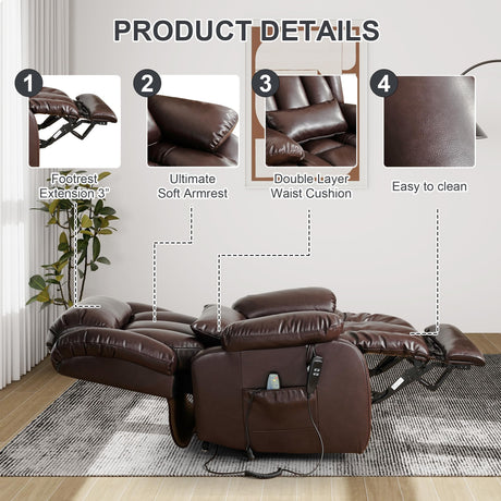EDILLY Large Genuine Leather Power Lift Recliner Chairs for Elderly, Dual Motor with Massage and Heating,Double Lumbar Cushion and Extended Footrest,USB&Type-C Port and Remote(Brown) EDILLY