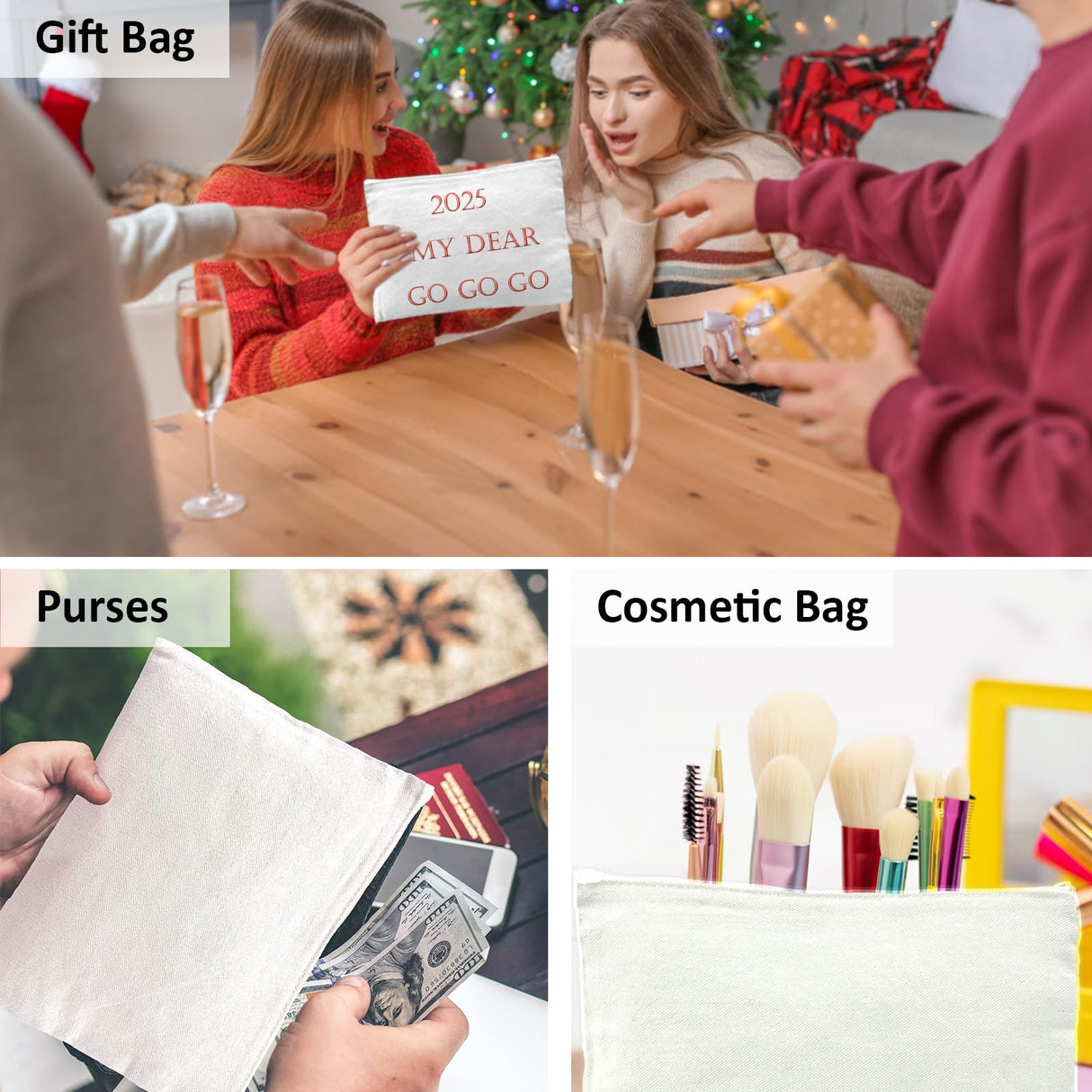 Koolmox Canvas Zipper Pouch, 40 Blank White Cloth Pouch, Pencil Pouch White Sublimation Cosmetic Pouches Blanks Makeup Bags Bulk, Black Zipper Canvas Bag Blanks for Vinyl Projects Decorating Koolmox