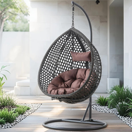 Egg Swing Chair Outdoor with Stand, Indoor Swing for Adults, Hanging Egg Rattan Basket Chair with Cushion and Pillow, Foldable Basket and Metal Stand for Porch, Patio, Bedroom, Balcony,Yard (Black) CRIPNAS
