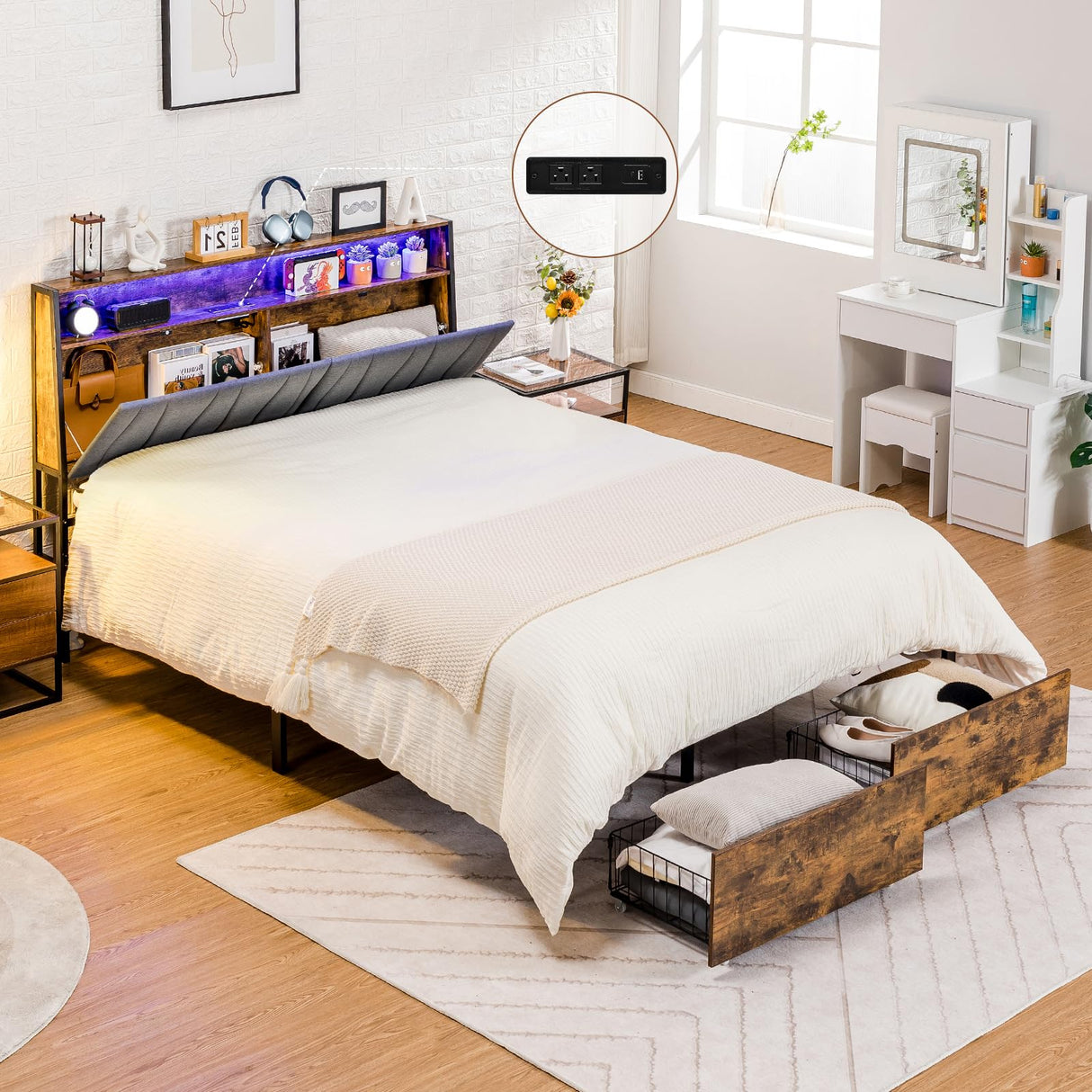 COMHOMA Platform Bed Frame with LED Lights and Charging Station, Storage Headboard and Footboard Drawers, No Box Spring Needed, Rustic Wood Look (Queen) COMHOMA