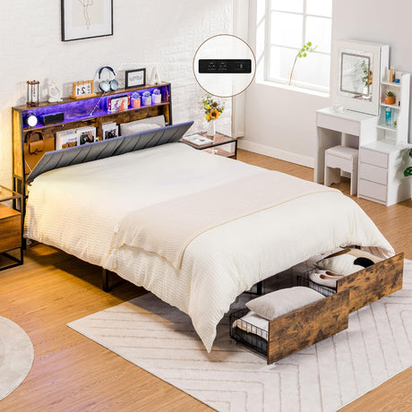 COMHOMA Platform Bed Frame with LED Lights and Charging Station, Storage Headboard and Footboard Drawers, No Box Spring Needed, Rustic Wood Look (Queen) COMHOMA