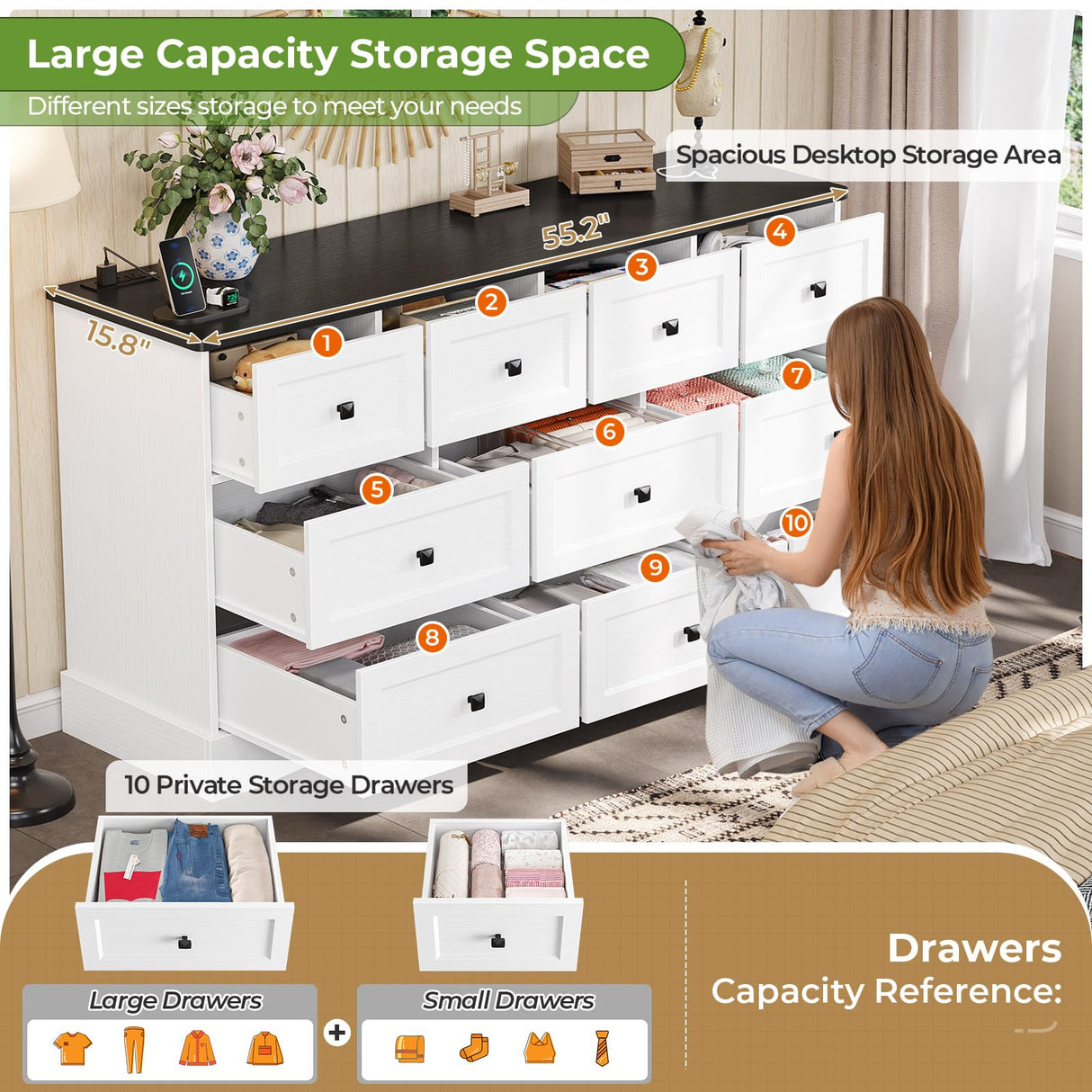 Hasuit Bedroom Dresser with 10 Drawers, 55.2" Long Dresser TV Stand with Charging Station, Farmhouse Dresser Chest of Drawers, Large Wood Storage Organizer Dresser for Bedroom Living Room, White/Black Hasuit