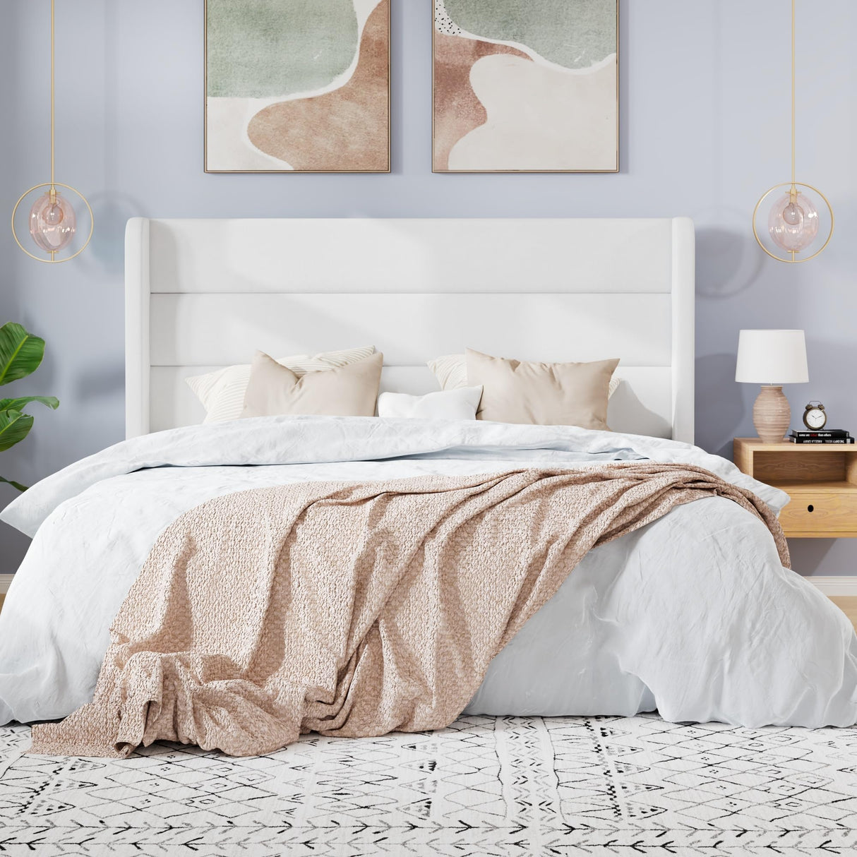 SHA CERLIN Full Size Velvet Bed Frame/Vertical Channel Tufted Wingback Headboard/Upholstered Platform Bed with Wooden Slats/Mattress Foundation/No Box Spring Needed/Easy Assembly/White SHA CERLIN