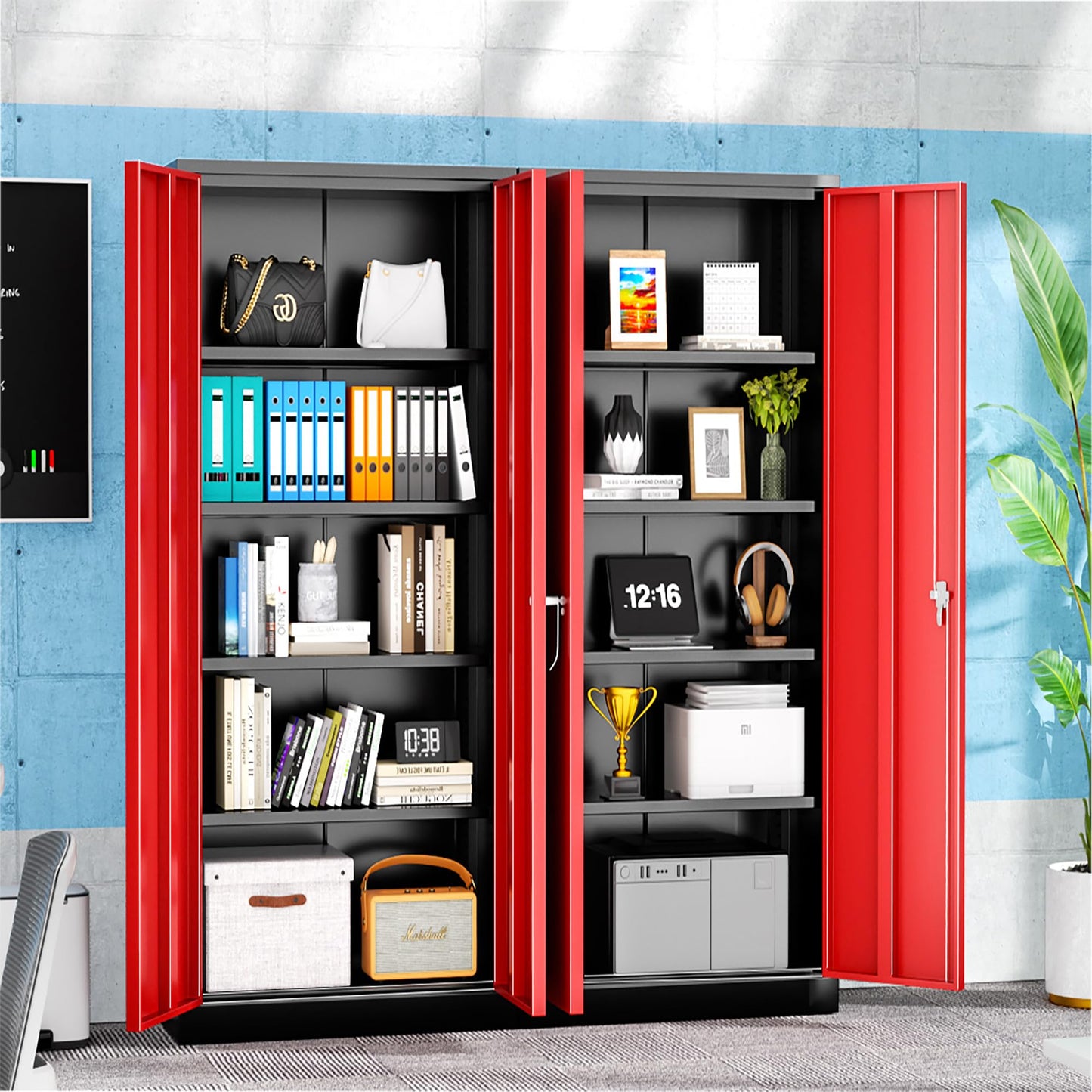 Pataku Garage Storage Cabinet 72" Metal Locking Cabinet 5-Layer with Door Steel Multifunctional Storage Cabinet with 4 Adjustable Shelves, Cabinet for Home, Office, Warehouse(Black Red) - WoodArtSupply