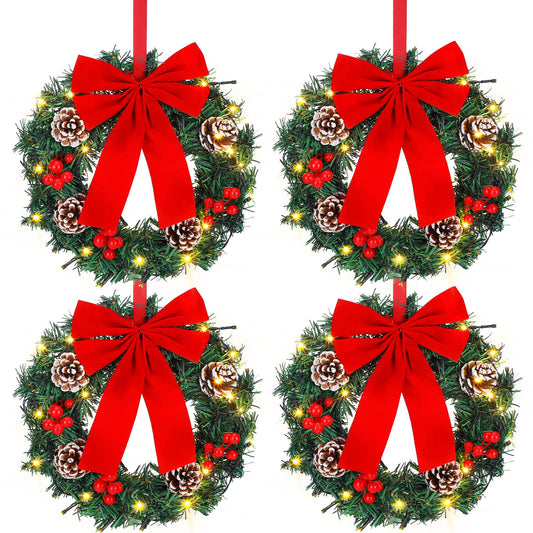 4 Pcs Lighted Christmas Wreaths, 13 Inch Pre Lit Small Xmas Wreath with Large Bow, Pine Needle Wreath with LED Lights Battery Operated Xmas Ornaments for Front Door Wall Christmas Party Decor (Red)