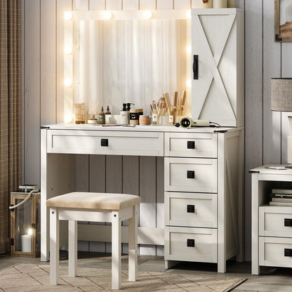 Furniouse Makeup Vanity Desk with Mirror and Lights, 42" Large Vanity with Cabinet Storage and 5 Drawers,Farmhouse Vanity Table Set for Bedroom White, Stool Included - WoodArtSupply