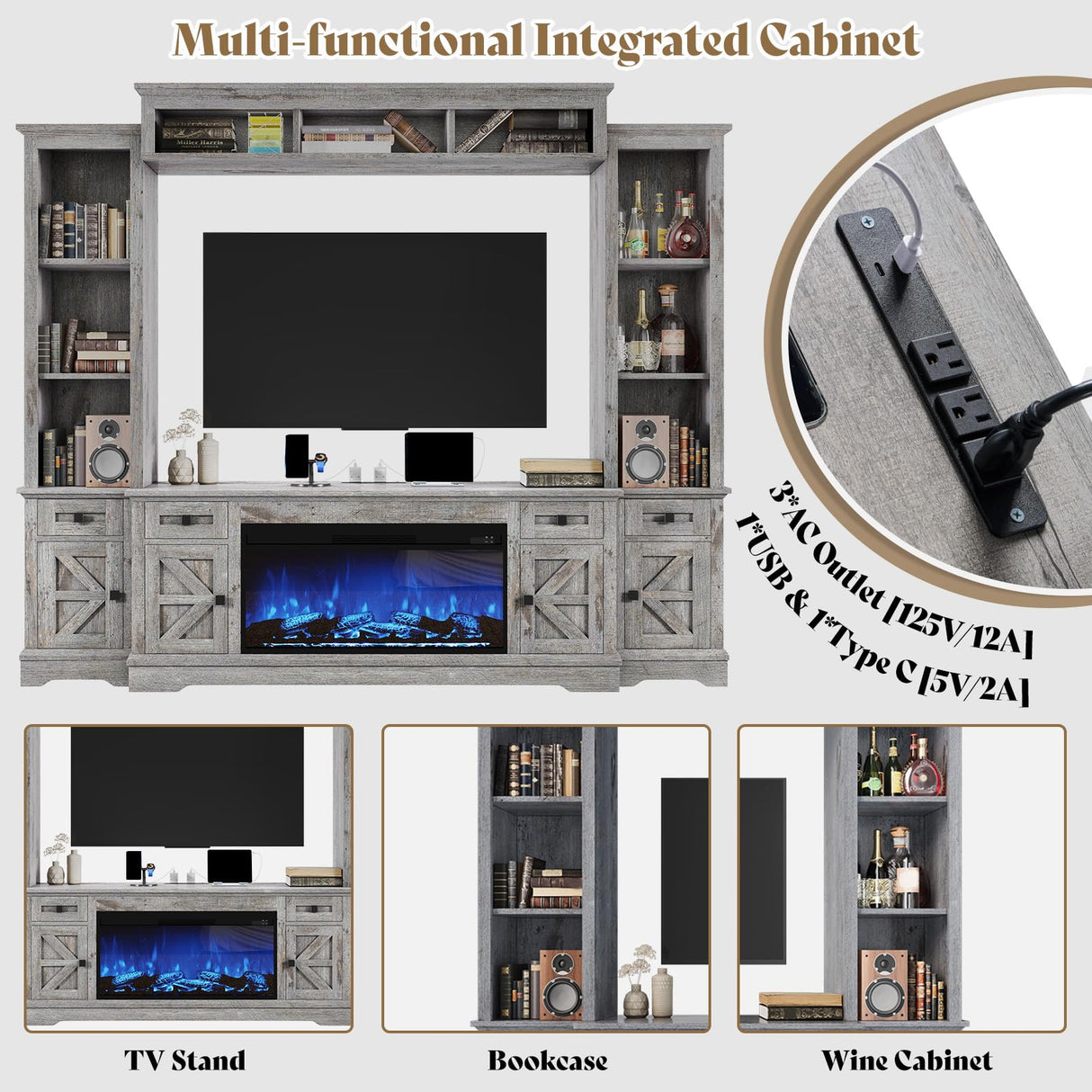 AMERLIFE 98in Farmhouse Entertainment Center with 36" Fireplace, TV Stand, Bookshelves, Wine Cabinet, Fits 75" TVs, Large Wall Unit Media Console with Power Outlets & Barn Doors, Living Room, Grey AMERLIFE
