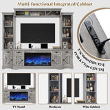 AMERLIFE 98in Farmhouse Entertainment Center with 36" Fireplace, TV Stand, Bookshelves, Wine Cabinet, Fits 75" TVs, Large Wall Unit Media Console with Power Outlets & Barn Doors, Living Room, Grey AMERLIFE