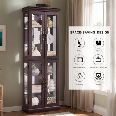 Lighted Curio Cabinet 71" Vintage Glass Display Case with Adjustable Shelves, 4 Tempered Glass Doors, Bulb Included, Wooden Square Wine Bar China Cabinet for Living Room Liquor Storage (Dark Cherry) CKEASEAN