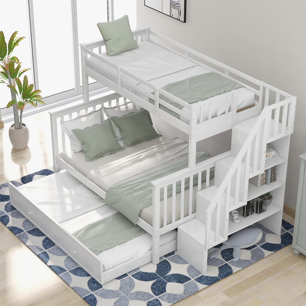 MERITLINE Twin Over Full Bunk Bed with Trundle, Wooden Bunk Bed with Stairway, Storage and Guard Rail for Kids, Adults (White) MERITLINE
