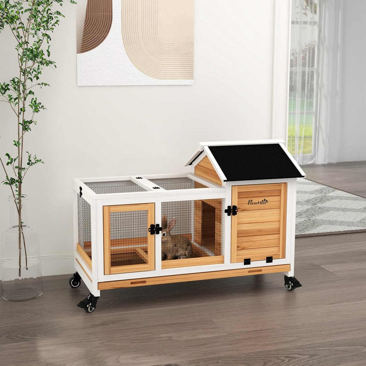 PawHut Indoor Outdoor Wooden Rabbit Hutch with Wheels, Large Bunny Hutch with Run & Slide-Out Tray for Small Animals, Guinea Pig, Yellow PawHut
