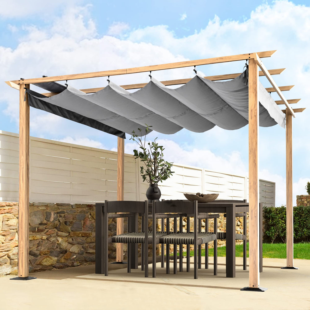 HAPPATIO 10' X 10' Wood-Grain Aluminum Pergola - Adjustable Sun Shade Canopy with Retractable Roof for Backyard, Deck, Patio, by The Pool HAPPATIO