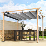 HAPPATIO 10' X 10' Wood-Grain Aluminum Pergola - Adjustable Sun Shade Canopy with Retractable Roof for Backyard, Deck, Patio, by The Pool HAPPATIO