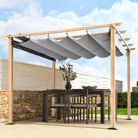 HAPPATIO 10' X 10' Wood-Grain Aluminum Pergola - Adjustable Sun Shade Canopy with Retractable Roof for Backyard, Deck, Patio, by The Pool HAPPATIO