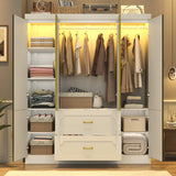 75" Tall 4 Doors Armoire Wardrobe Closet with Mirror and LED Light,Modern Freestanding White Wardrobe Armoire for Bedroom with Drawers,Modern Clothing Storage Cabinet for Bedroom(White) jiteentarou