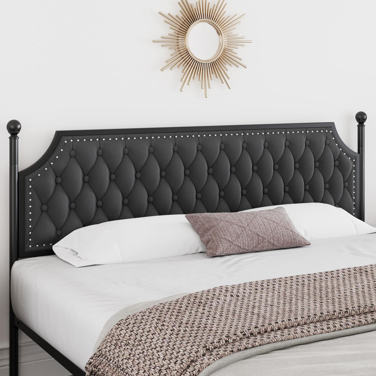 Keyluv Queen Upholstered Canopy Bed Frame with 2 Drawer and Button Tufted Headboard Metal Platform Bed with 4 Removable Posts Two-Purpose Velvet Bed No Box Spring Needed Dark Grey/Curtain Not Included Keyluv