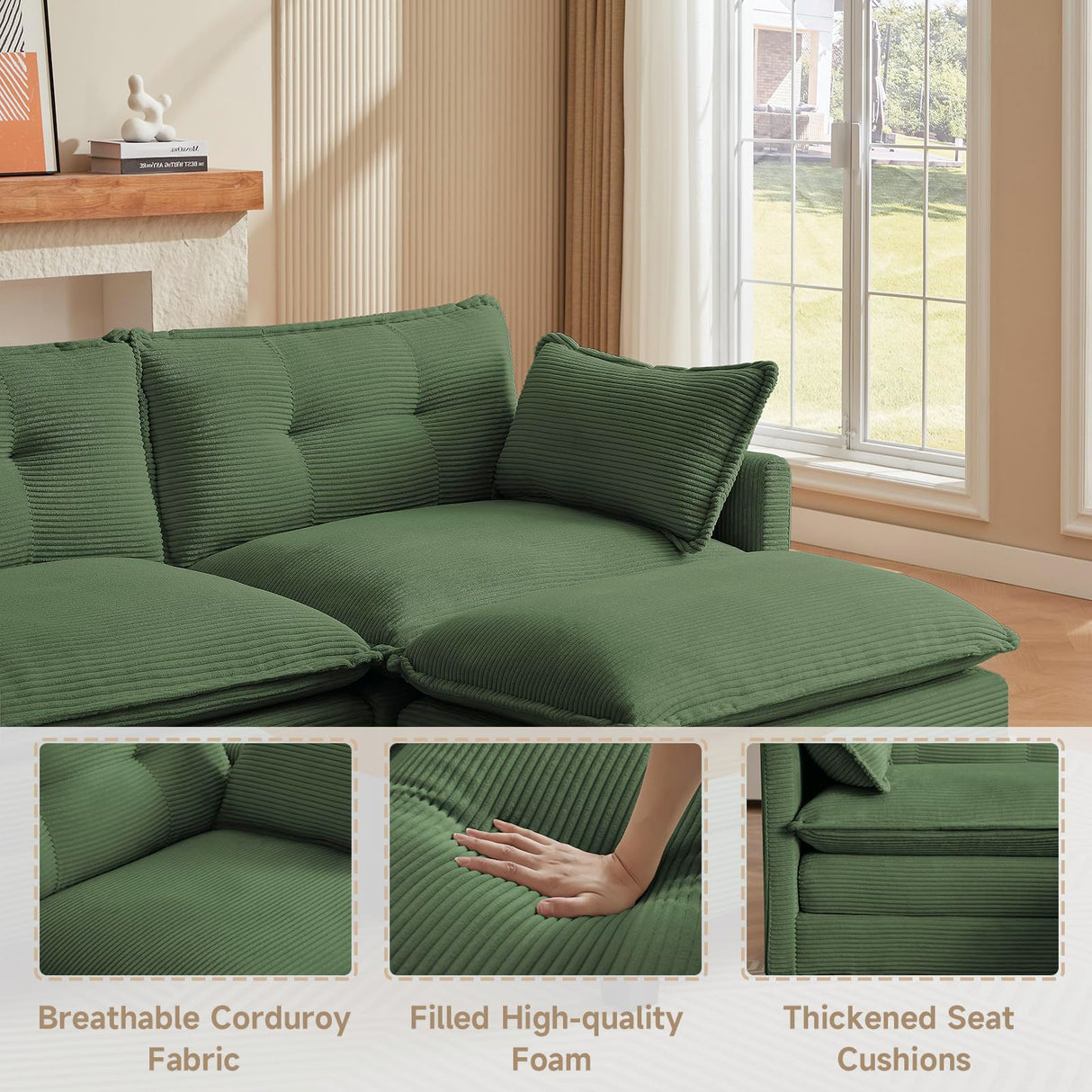 Amsleekey Modular Sectional Sofa, 111.5" U-Shaped Corduroy Comfy Sectional Couches for Living Room, 3-Seater Cloud Couches with 2 Movable Ottomans, Flexible Combination Modern Deep Seat Sofa (Green) Amsleekey