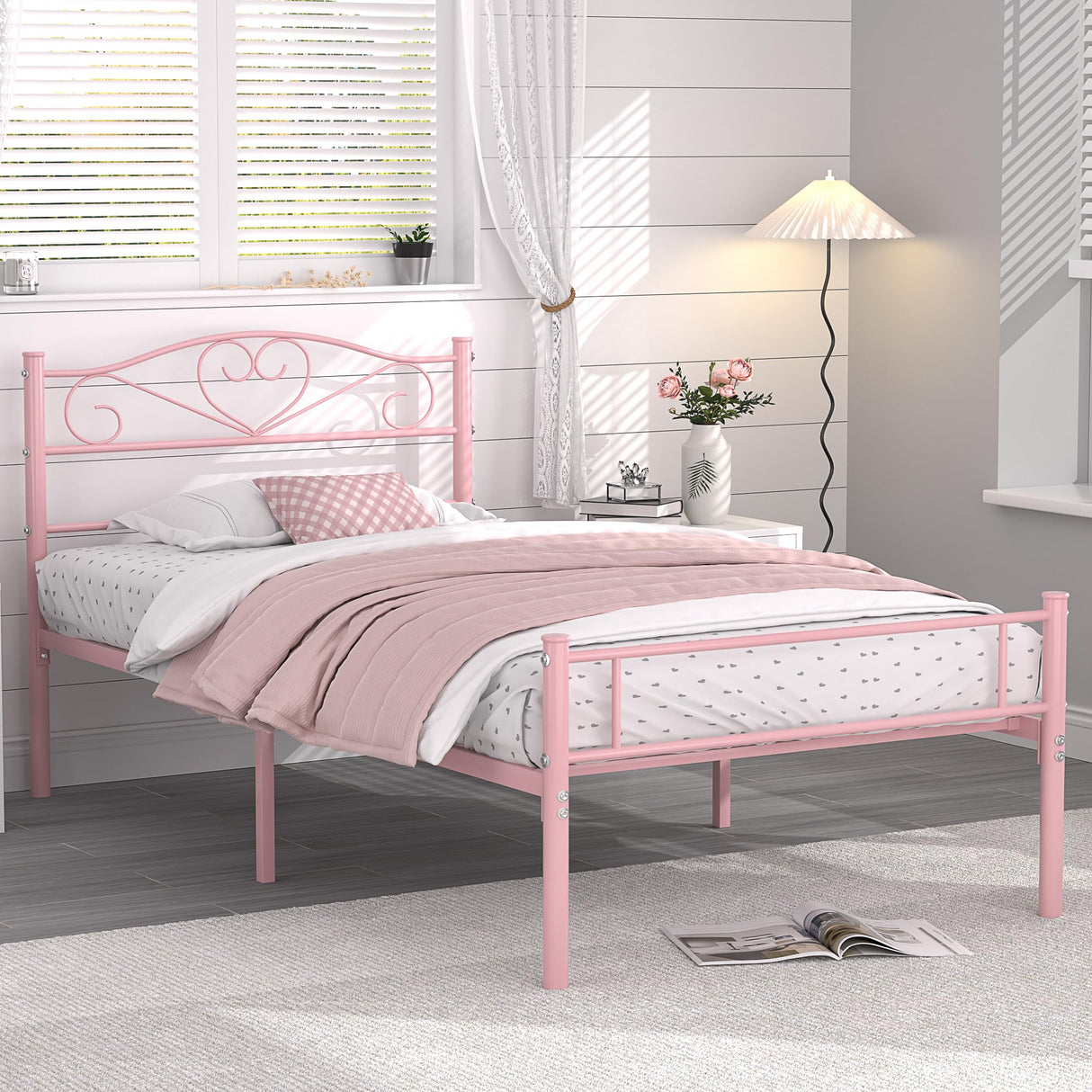 VECELO 14 Inch Twin Size Metal Platform Bed Frame with Headboard and Footboard, Heavy Duty Mattress Foundation with Steel Slats Support, No Box Spring Needed, Pink VECELO