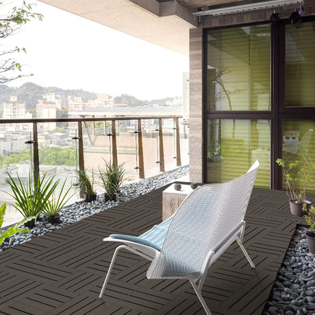 Goovilla Plastic Interlocking Deck Tiles, 9 Pack Patio Deck Tiles, 12"x12" Waterproof Outdoor Flooring All Weather Use, Patio Floor Decking Tiles for Porch Poolside Balcony Backyard, Dark Coffee Goovilla