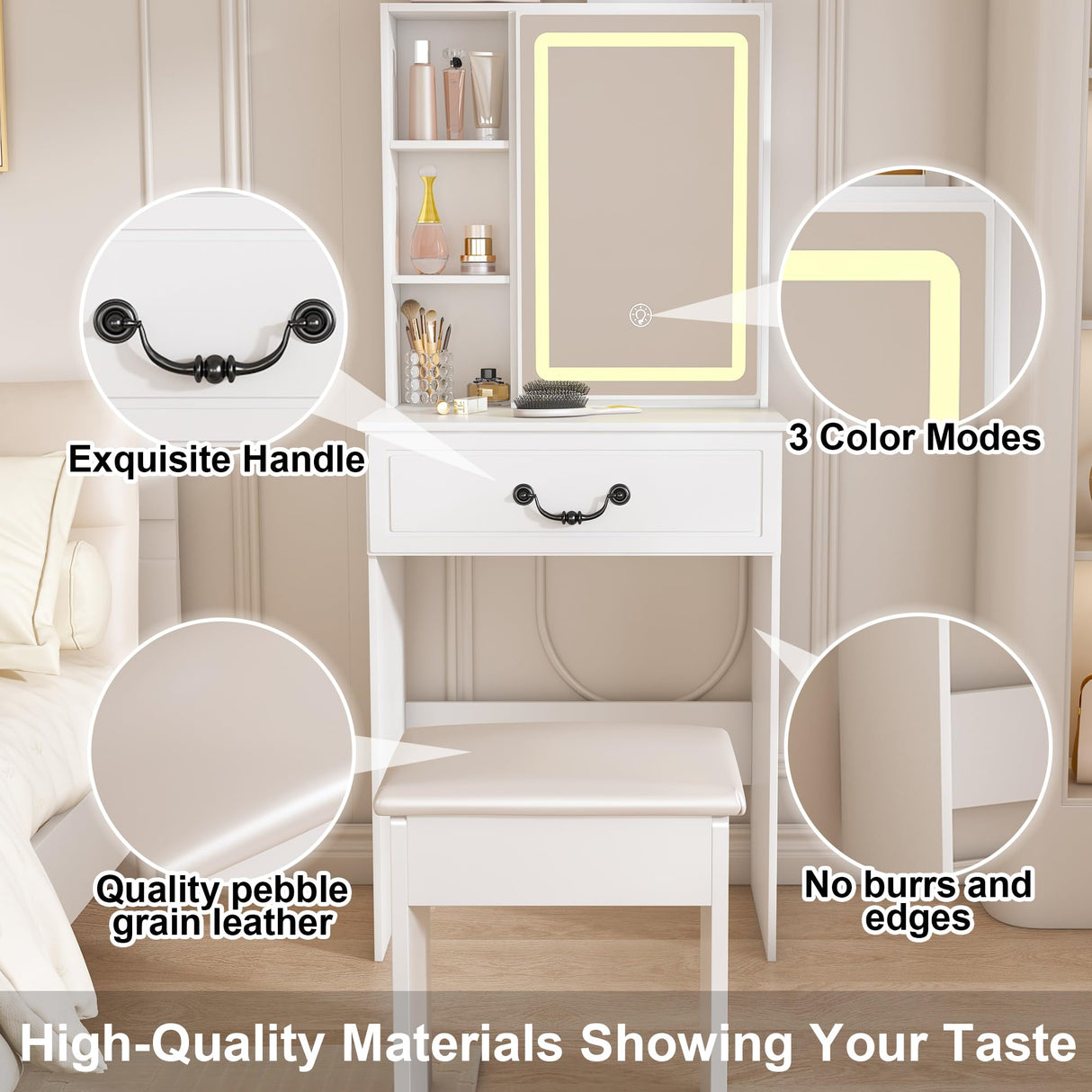 Montary Modern Mini Vanity Table with LED-lit Mirror & Hidden Storage & Padded Stool, 23.6" D Adjustable Brightness Vanity Desk Simple Design, Space-Saving Dressing Table for Small Bedrooms, White Montary