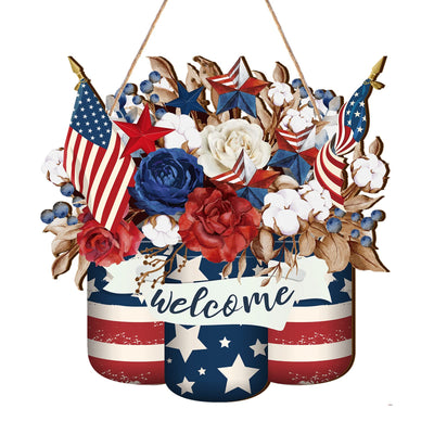 Berlune 4th of July Decorations Patriotic Door Sign Wooden Memorial Day Wreath Red White Blue American Flag Door Hanger Independence Day Decor for Front Porch Wall Home Outdoor(Stylish)