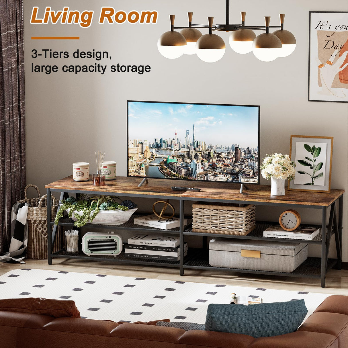 Katrawu TV Stand for TV up to 75 Inch, Long 70" TV Cabinet with 3-Tier Storage Shelves,Entertainment Center TV Console Table for Living Room with Industrial TV Metal Frame, Rustic Brown Katrawu