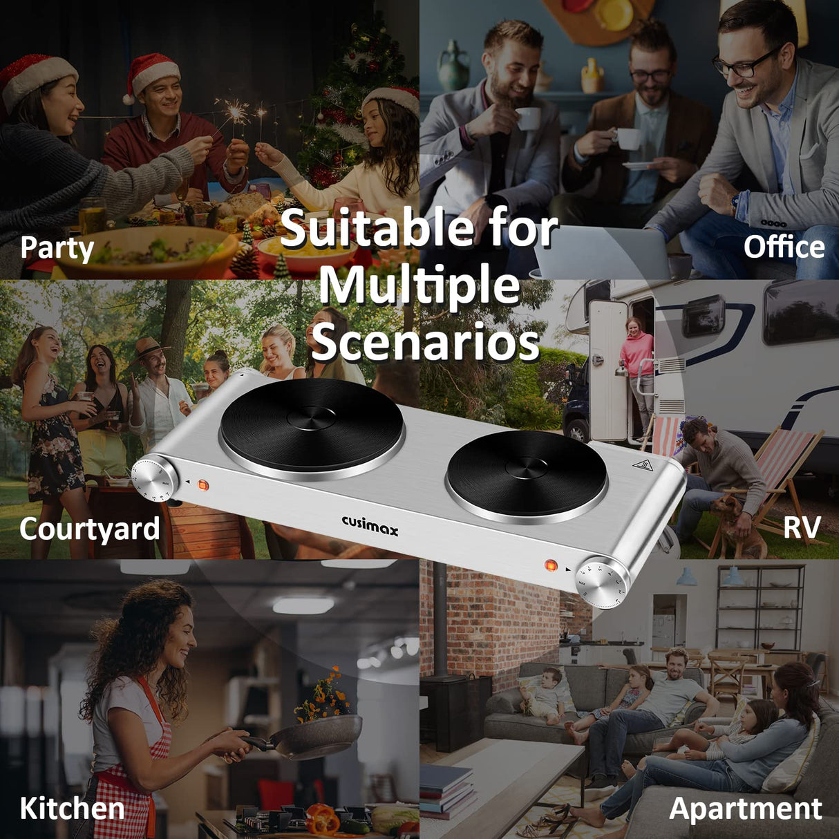 CUSIMAX Hot Plate, Electric Double Burner, 1800W Cast Iron Countertop Cooktop, Portable for Cooking, Compatible for All Cookwares, Easy Clean, Upgraded Version CUSIMAX