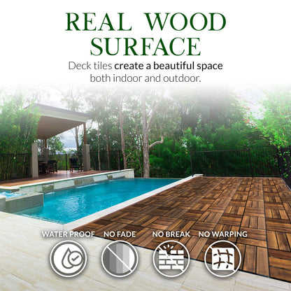 Acacia Wood Interlocking Deck Tiles for Outdoor/Indoor - (Pack of 10) 12"x12" All Weather Balcony Flooring - Snap Click Together Patio Tiles - Portable Waterproof Dance Floor Covering, Outside Walkway