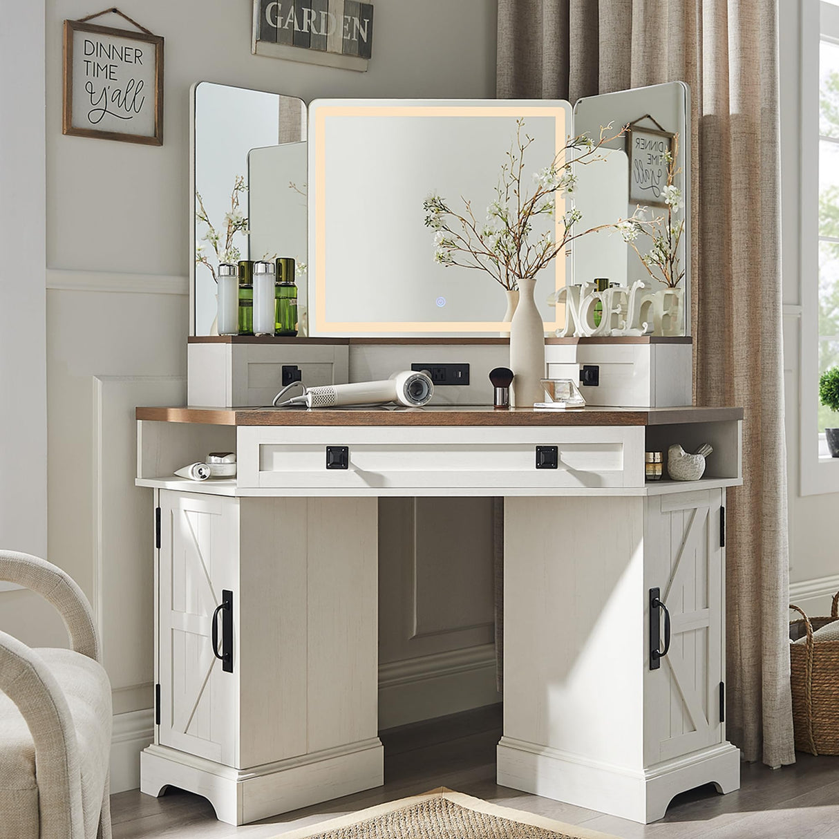 T4TREAM 48" Corner Vanity Desk with 3 Way Mirror and Lights, Farmhouse Makeup Vanity with Charging Station & Glass Top, Dressing Table with 3 Drawers, 2 Cabinets & Adjustable Shelves (Antique White) T4TREAM