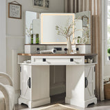 T4TREAM 48" Corner Vanity Desk with 3 Way Mirror and Lights, Farmhouse Makeup Vanity with Charging Station & Glass Top, Dressing Table with 3 Drawers, 2 Cabinets & Adjustable Shelves (Antique White) T4TREAM