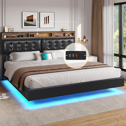 DICTAC King Size Floating Bed Frame with LED Lights and Tufted Faux Leather Headboard - Modern Storage Solution in Black - WoodArtSupply