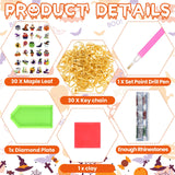 WILLBOND 30 Pcs Glow in Dark Halloween Diamond Art Keychain Ornaments DIY Double Sided Halloween Luminous Diamond Painting Keychain Kits for Adults Key Ring Art Pendant Tree Decor WILLBOND