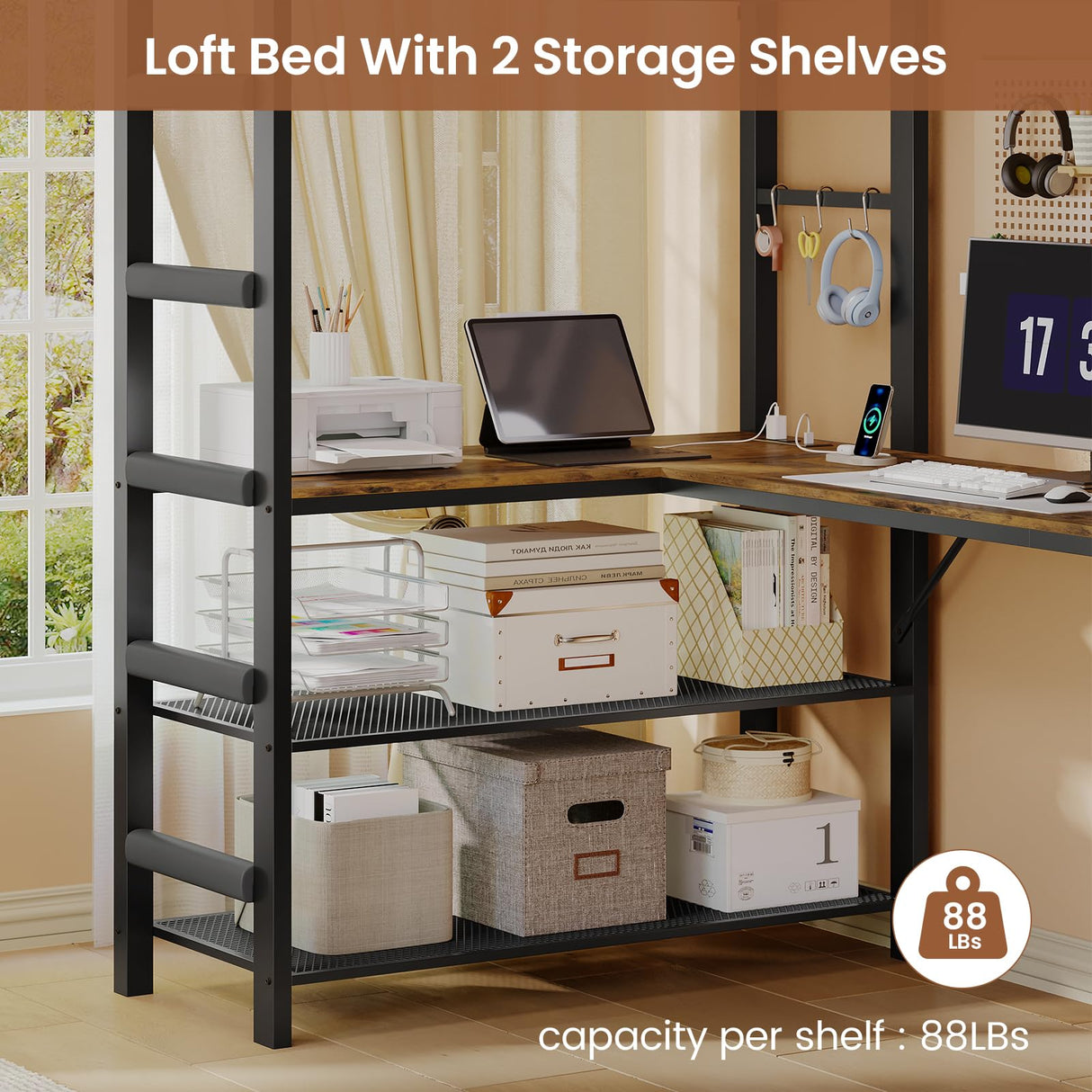 Loft Bed Twin Size with L Shape Desk,4 Drawers,Cloth hanging rack,2-Tier Storage Shelves Metal Loft Bed Frame with Power Outlet and LED Lighted,No Box Spring Needed,Space-Saving,Noise Free (Black) UPOSOJA