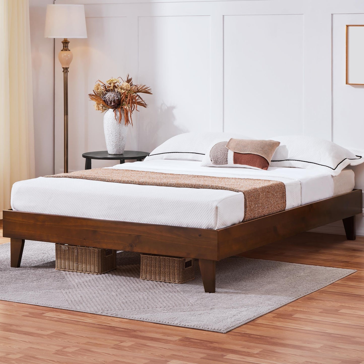 Yaheetech Queen Solid Pine Wood Platform Bed Frame - Reserved Holes for Headboard, Wooden Slats Support, 7.5" Clearance, No Noise, Easy Assembly -