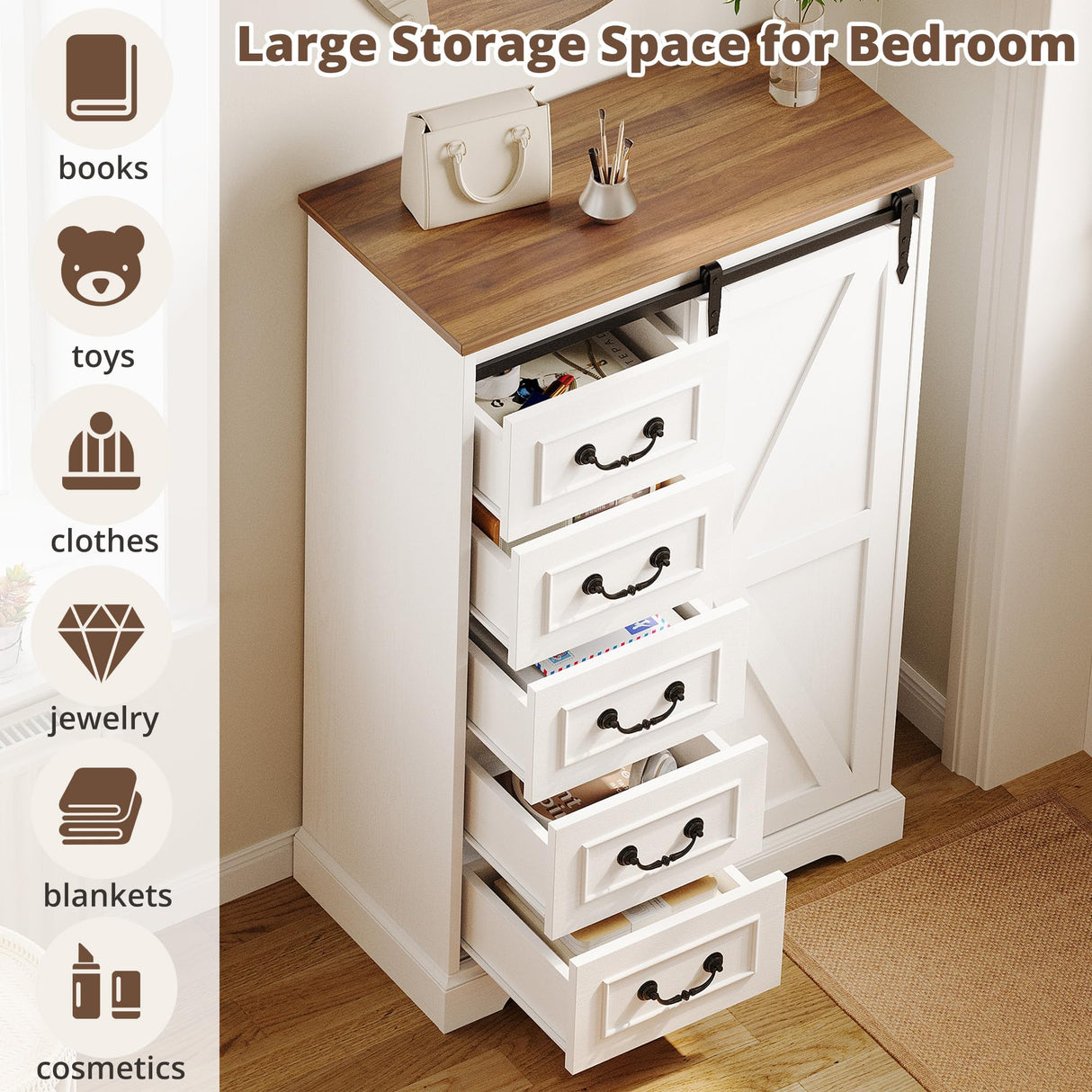 IRONCK 5 Drawers Dressers for Bedroom, Farmhouse Dresser Chest of Drawer with Sliding Barn Door,48” Tall Dresser Storage Organizer for Living Room, Entryway, White/Walnut IRONCK