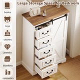 IRONCK 5 Drawers Dressers for Bedroom, Farmhouse Dresser Chest of Drawer with Sliding Barn Door,48” Tall Dresser Storage Organizer for Living Room, Entryway, White/Walnut IRONCK