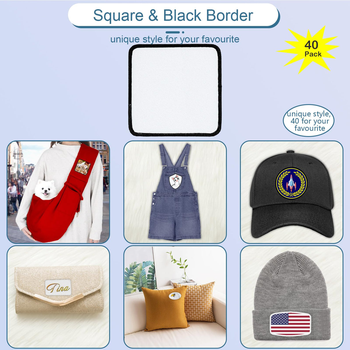 iFForce 40 PCs Sublimation Blanks Patches - Large Iron-on Patch with Black Border - Exquisite Fabric Patches for DIY Hats Backpack T-Shirt Project (Square) iFForce