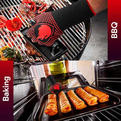 BBQ Gloves Oven Mitts Grilling- 1472℉Extreme Heat Resistant Oven Gloves, Non-Slip Silicone Cooking Gloves for Grilling, Barbecue, Baking, Welding, A Pair Red