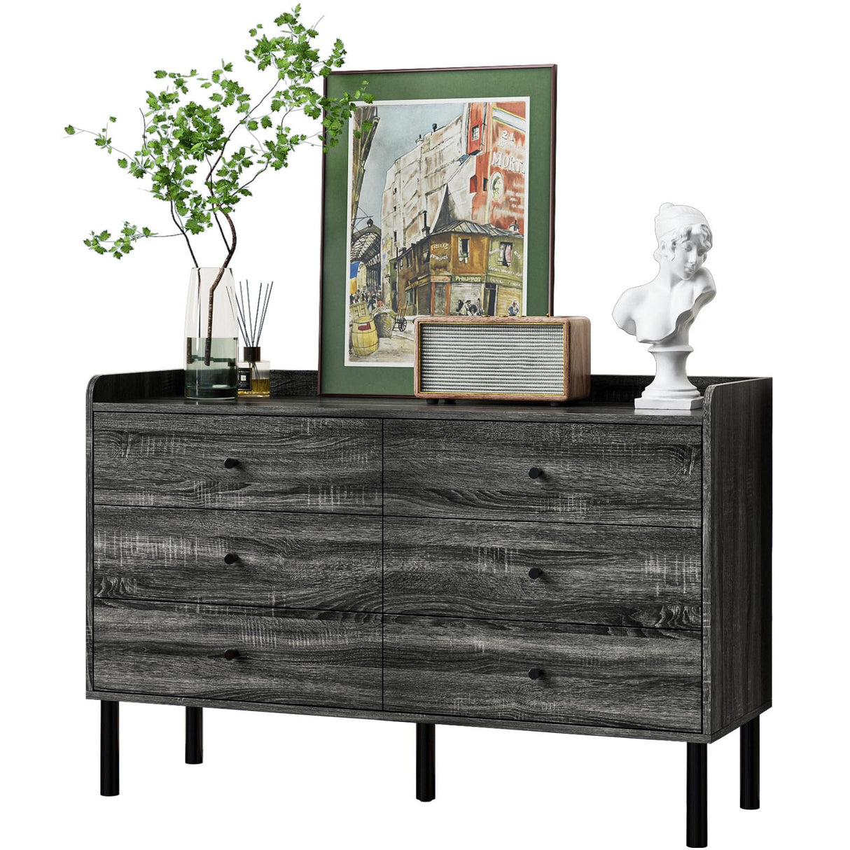 LYNSOM Dresser for Bedroom, 6 Drawer Grey Dresser with Wide Drawer and Metal Handles, Modern Dressers & Chests of Drawers for Hallway Entryway LYNSOM