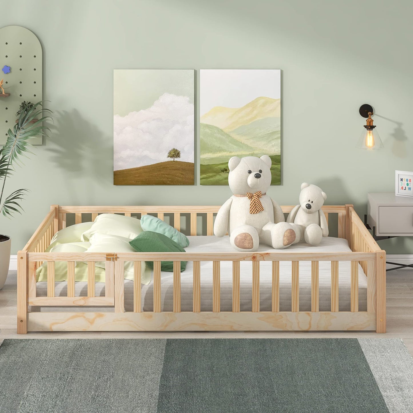 Durable Natural Montessori Full Floor Bed for Children with Safety Fence and Door - WoodArtSupply