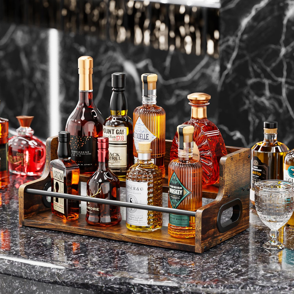 KLM Liquor Bottle Display Shelf, Coffee Syrup Rack Organizer, 2 Step Countertop Liquor Wine Rack, mini bar,Liquor Cabinet, Home Retro Bar Shelf Stand for Liquor Whiskey, Spirits, Brown KLM